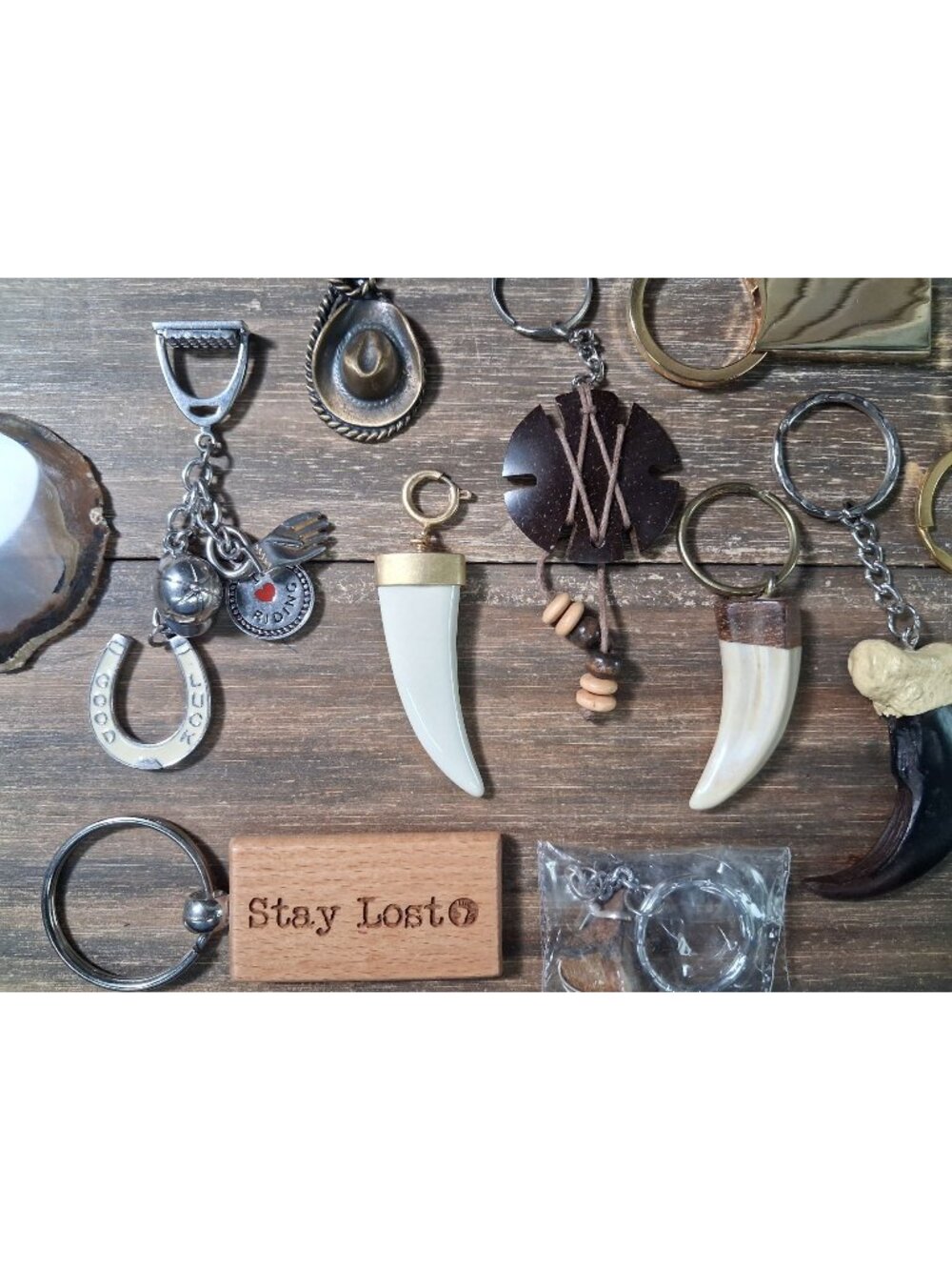 Frontier Keychain Lot Various Bag Tag Charm Faux Tooth Claw Stay Lost Cowboy Hat